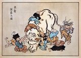 Ukiyo-e (浮世絵, literally 'pictures of the floating world') is a genre of Japanese woodblock prints (or woodcuts) and paintings produced between the 17th and the 20th centuries, featuring motifs of landscapes, tales from history, the theatre, and pleasure quarters. It is the main artistic genre of woodblock printing in Japan.<br/><br/>

The story of the blind men and an elephant originated in Indian subcontinent from where it has widely diffused. It has been used to illustrate a range of truths and fallacies. At various times it has provided insight into the relativism, opaqueness or inexpressible nature of truth, the behaviour of experts in fields where there is a deficit or inaccessibility of information, the need for communication, and respect for different perspectives.<br/><br/>

In various versions of the tale, a group of blind men (or men in the dark) touch an elephant to learn what it is like. Each one feels a different part, but only one part, such as the side or the tusk. They then compare notes and learn that they are in complete disagreement.<br/><br/>

The stories differ primarily in how the elephant's body parts are described, how violent the conflict becomes and how (or if) the conflict among the men and their perspectives is resolved.<br/><br/>

In some versions, they stop talking, start listening and collaborate to 'see' the full elephant. When a sighted man walks by and sees the entire elephant all at once, they also learn they are blind. While one's subjective experience is true, it may not be the totality of truth. If the sighted man was deaf, he would not hear the elephant bellow. Denying something you cannot perceive ends up becoming an argument for your limitations.